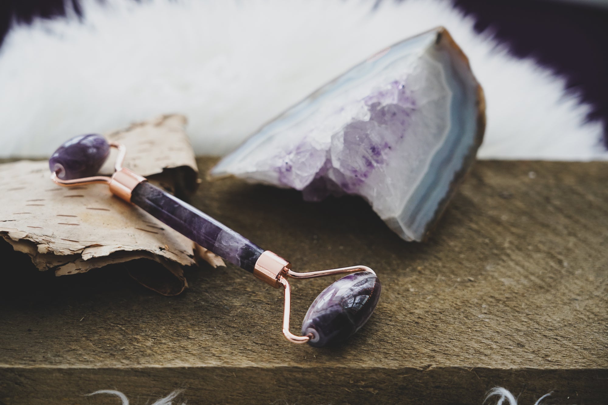 Amethyst Facial Massage Roller + Rainbow Fluorite Necklace