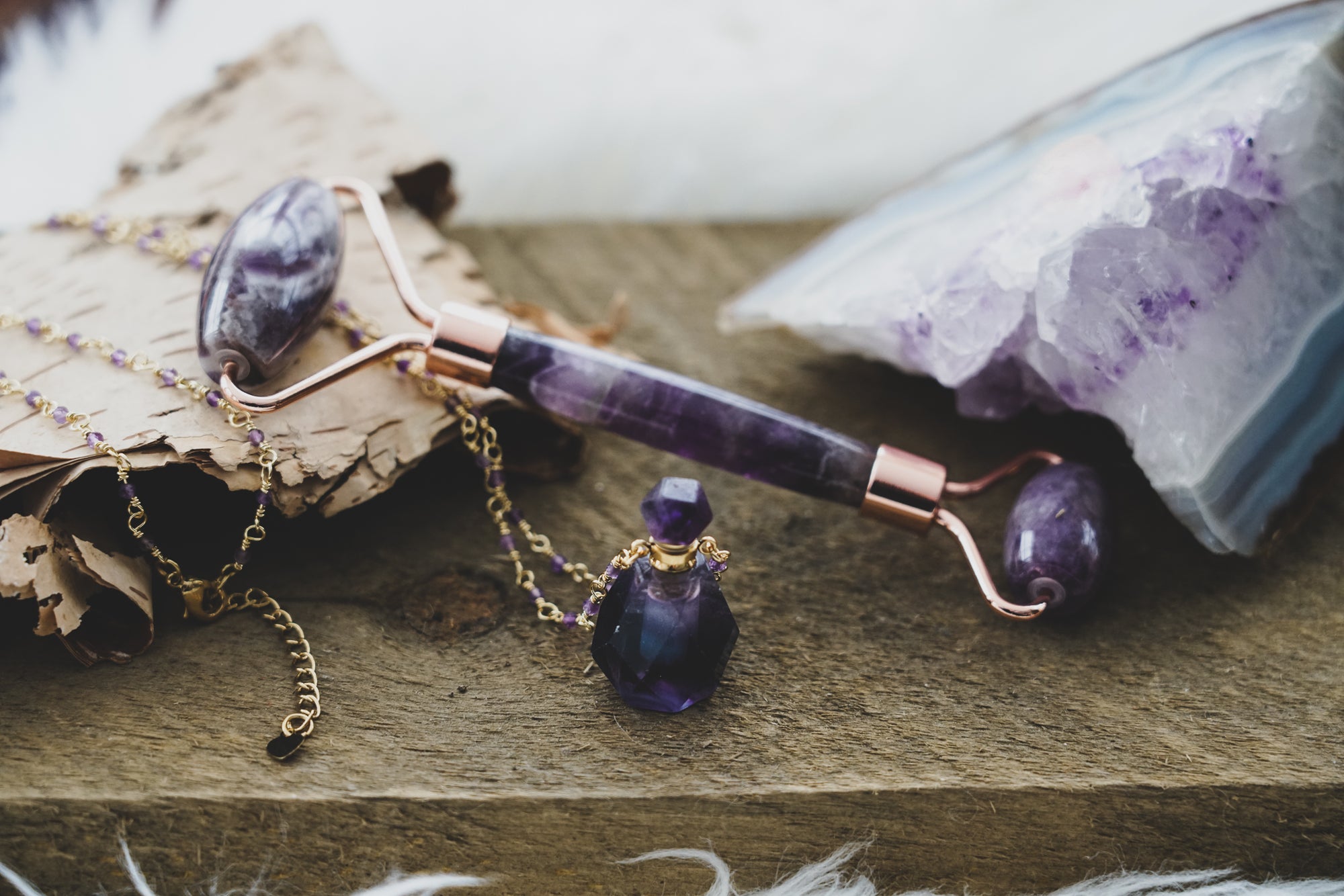 Amethyst Facial Massage Roller + Rainbow Fluorite Necklace